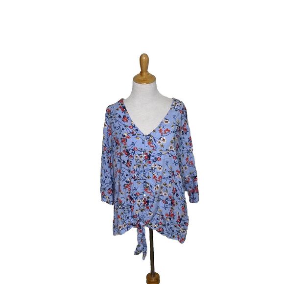 Dylan Ryan 3/4 Sleeve Boho V neck Button Tie Front Blue Floral Womens Size L New - Picture 1 of 8
